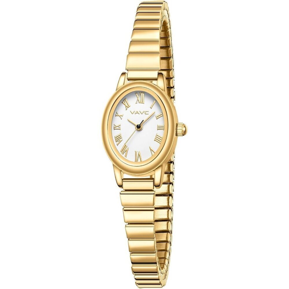 Women's Gold Watch with Stainless Steel Expansion Band Oval Case Roman Dial